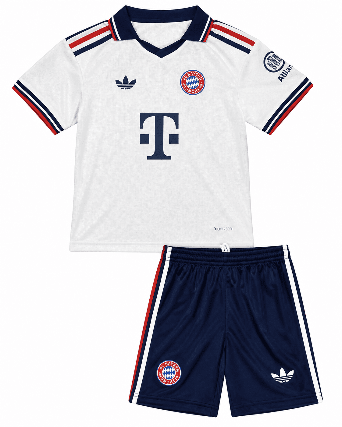 Ensemble maillot short Bayern Munich 2026/2027 Extérieur enfant blanc et bleu face